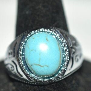 Southwestern Oval Faux Turquoise Stone Etched Silver Tone Sizes 11 & 13 Rings